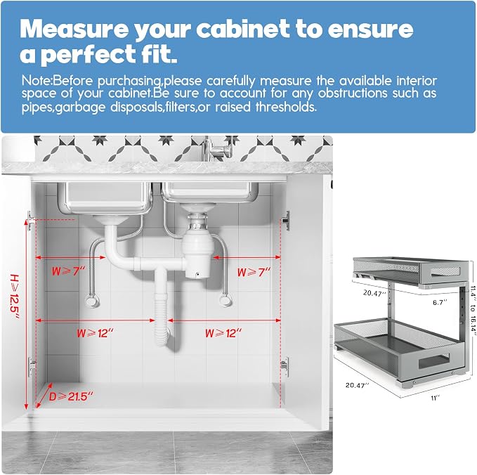 2 Pack 20.47IN Depth Under Sink Storage Organizer, Large 2-Tier Elegant Mesh Pull Out Shelf for Kitchen and Bathroom Cabinet Organization, L-Shaped and Adjustable Height Design-Gun Gray