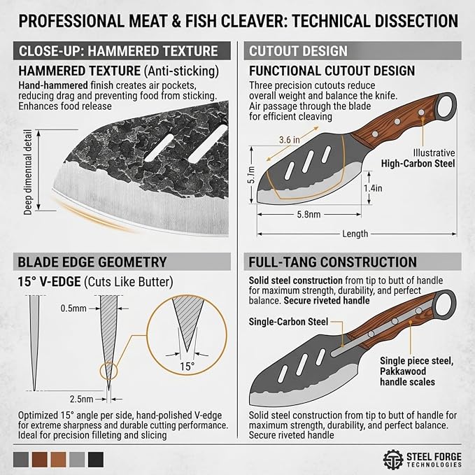KOFERY Serbian Butcher Knife Hand Forged Viking Cleaver with Full Tang Hammered 4Cr13MoV Steel for Kitchen, Camp & BBQ | Heavy Duty Chef Knife with Pakkawood Handle, Leather Sheath & Sharpener