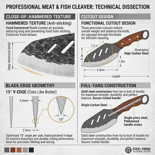 KOFERY Serbian Butcher Knife Hand Forged Viking Cleaver with Full Tang Hammered 4Cr13MoV Steel for Kitchen, Camp & BBQ | Heavy Duty Chef Knife with Pakkawood Handle, Leather Sheath & Sharpener