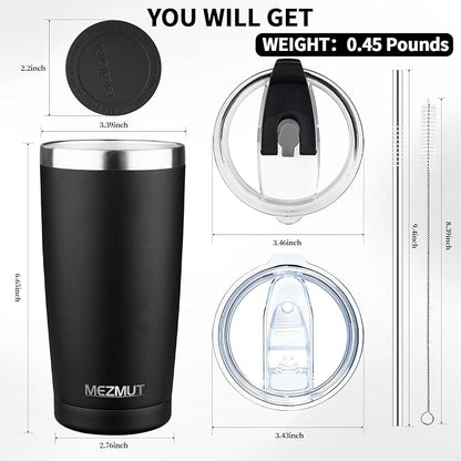 MEZMUT 20oz Tumbler Coffee Travel Mug with Daul Lid and Straw, Stainless Steel Double Wall Vacuum Spill Proof Insulated Tumbler, Hot or Iced Coffee Cups for Drinks (1Pack, Black)