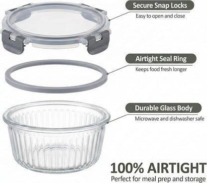 Glass Food Storage Containers with Lids, 12 Piece Glass Meal Prep Containers Set, Airtight Leakproof Snap Lock Lids, BPA-Free, Freezer Microwave Oven Dishwasher Safe, Ribbed Glass Containers