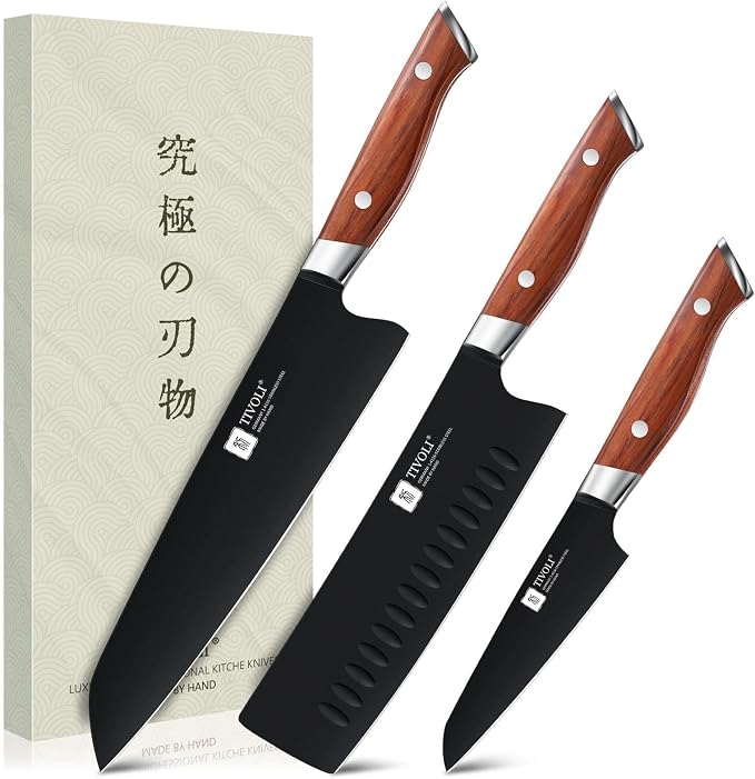 TIVOLI 3 Piece Kitchen Knife Set - High Carbon Steel Black Blade Rustproof Coating - Chef Knife Set with Ergonomic Wood Handle, Cooking Knives for Meat Vegetable Fruit, Gift Box Sharp Knives