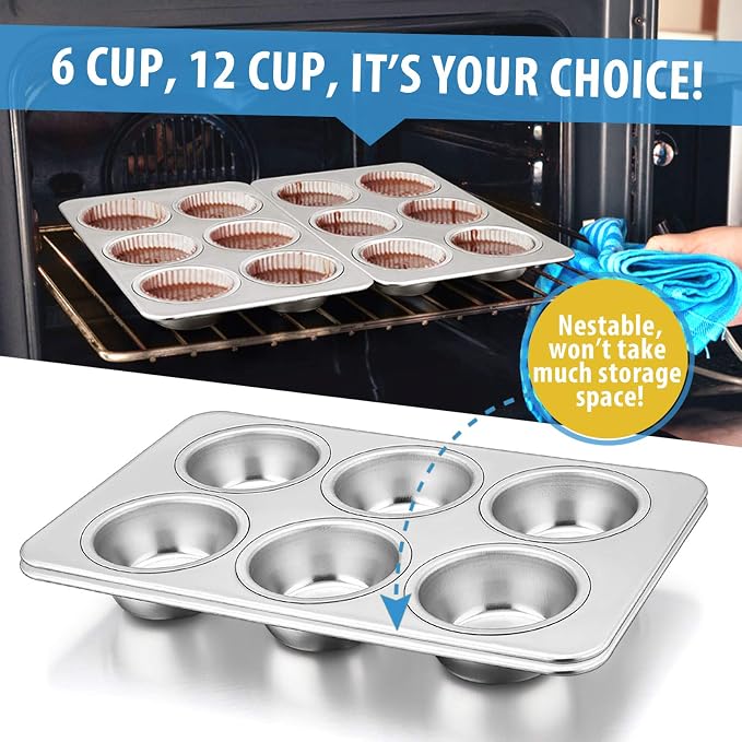 E-far Muffin Pan Set of 2, Stainless Steel Muffin Pan Tin for Baking, 6-Cup Metal Cupcake Pan Tray, Non-toxic & Healthy, Oven & Dishwasher Safe, Regular Size - 11.44 x 7.12 x 1.25 Inch