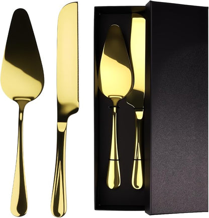 Stainless Steel Cake Knife and Server Set – 2-Piece Wedding Cake Cutting Set with Gift Box – Elegant Pie and Pizza Serving Utensils for Parties, Birthdays, Anniversaries (Gold)