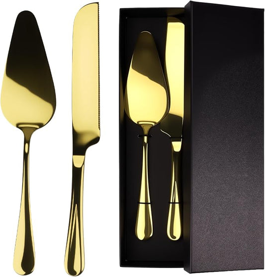 Stainless Steel Cake Knife and Server Set – 2-Piece Wedding Cake Cutting Set with Gift Box – Elegant Pie and Pizza Serving Utensils for Parties, Birthdays, Anniversaries (Gold)