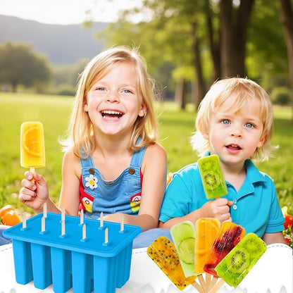 Miaowoof Homemade Popsicle Molds, 10-Cav Non-BPA Silicone Ice Pop Maker, with 50 Sticks, 50 Bags, 10 Reusable Sticks, Funnel, Brush and Ice Pop Recipe (Blue)