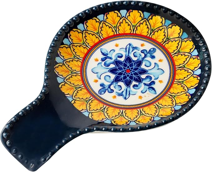 Spoon Rest for Stove Top 7.7 Inch Spoon Holder Ceramic Blue Kitchen Spoon Rest for Spatula, Tongs or Decorations, Bohemian Large Ladle Holder for Gift, Heat-Resistant,Dishwasher Safe
