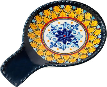 Spoon Rest for Stove Top 7.7 Inch Spoon Holder Ceramic Blue Kitchen Spoon Rest for Spatula, Tongs or Decorations, Bohemian Large Ladle Holder for Gift, Heat-Resistant,Dishwasher Safe
