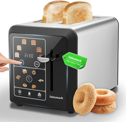 SAKAMOSH Smart Toaster 2 Slice, Touch Screen, Digital Toasters with 6 Browning Levels & 6 Bread Types, Bagel, Extra Long Wide Slots, Memory Function, Timer, 800W, Stainless Steel