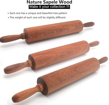 Classic Sapele Wooden Rolling Pin With Handles Large17.3"L x 2.3"W | Wood Baking Roller for Pizza, Pie, Bread, Pastry & Cookie Dough