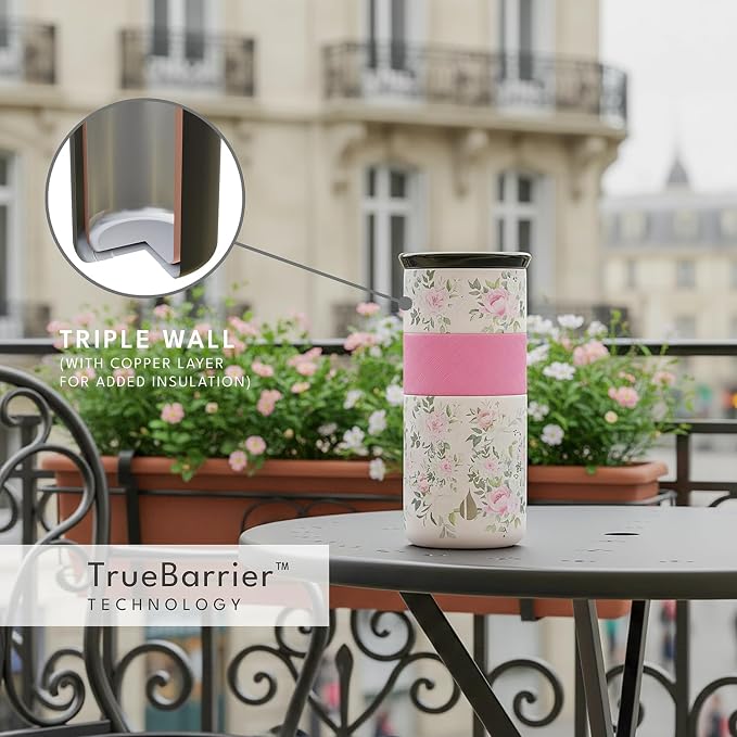Elemental Artisan Insulated Tumbler, Triple Wall Coffee Travel Mug, Reusable Stainless Steel Coffee Tumbler with Ceramic Lid, Thermal Coffee Cups for Hot (6 Hrs) & Cold (18 Hrs), 16oz - Rose Garden