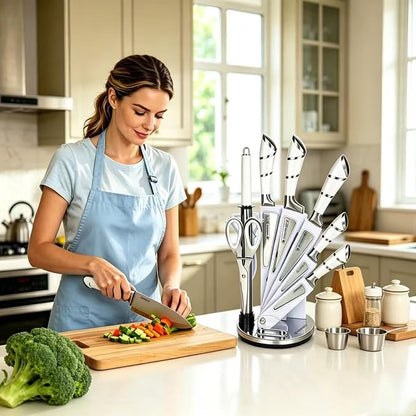 Kitchen Knife Set, 9-Piece White Kitchen Knife Set with Acrylic Block, Non Stick Sharp High Carbon Stainless Steel Knife Set for Kitchen Cutting Meat Slicing Chopping Kitchen Women Gifts