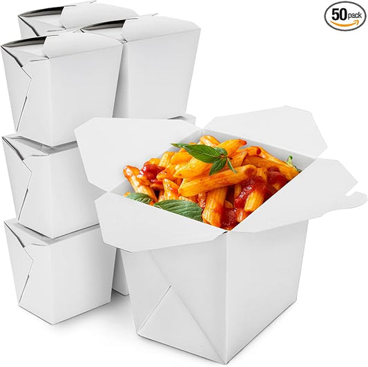 Fit Meal Prep 50 Pack Chinese Take Out Boxes - 32 oz Plain White Chinese Food Containers for To Go Asian Meals - Chinese Food Boxes for Noodles, Rice - Takeout Packaging for Business and Home Use