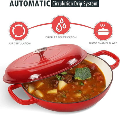 COOKWIN Cast Iron Casserole Braiser, 3.8 Quart Enameled Cast Iron Dutch Oven Pan with Lid, Heavy Duty and Dual Handles Skillet, Oven-Safe Porcelain Surface Casserole Dish, Red