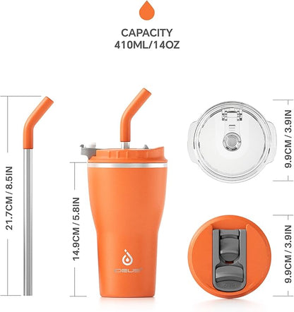 IDEUS Insulated Tumbler With Lid and Straw 14 oz, Stainless Steel Double-Wall Vacuum Leak-Proof Travel Coffee Mug, Cup Holder Friendly, Orange Tiger