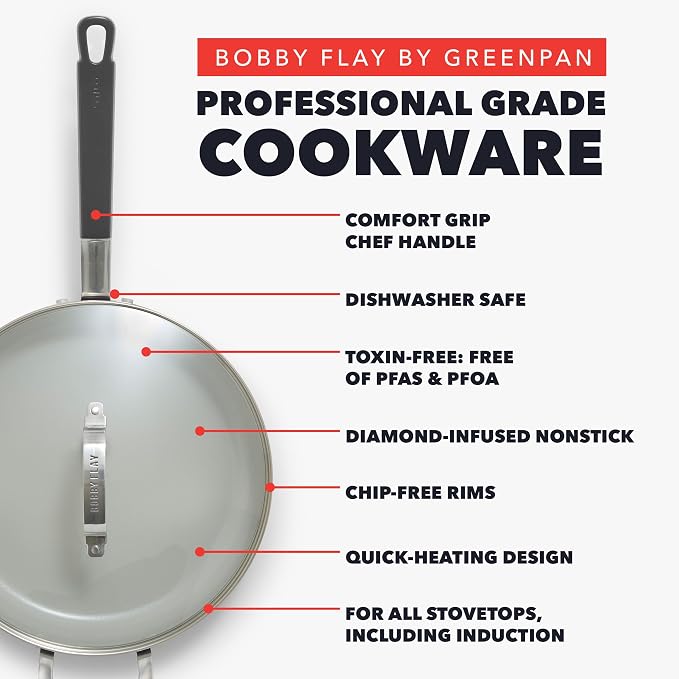 GreenPan x Bobby Flay 4.5QT Nonstick Saute Pan with Glass Lid, PFAS-Free Diamond Ceramic, Induction Suitable, Stay-Cool Silicone Handle, Easy Clean Dishwasher & Oven Safe, Graphite