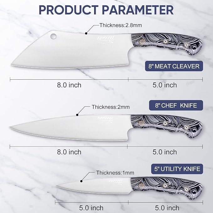Topfeel 3PCS Professional Chef Knife Set, Ultra Sharp Japanese Kitchen Knife, German High Carbon Stainless Steel 8" Meat Cleaver 8" Chef's Knives 5" Utility Knife with Gift Box