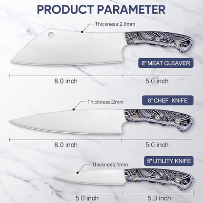 Topfeel 3PCS Professional Chef Knife Set, Ultra Sharp Japanese Kitchen Knife, German High Carbon Stainless Steel 8" Meat Cleaver 8" Chef's Knives 5" Utility Knife with Gift Box