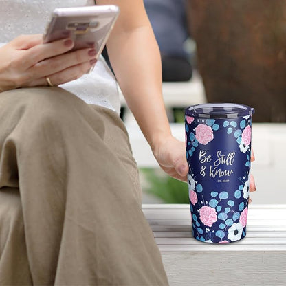 Christian Art Gifts Stainless Steel Double-Wall Vacuum Insulated Travel Mug 18 oz Navy Blue with Pink Floral Tumbler with Lid for Women with Inspirational Bible Verse - Be Still & Know -Psalm 46:10