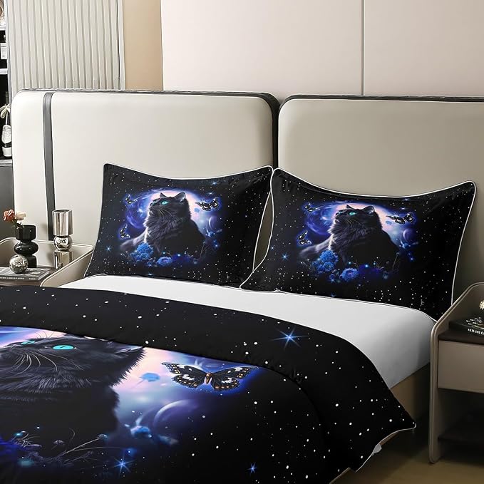 Castle Fairy Full Size Duvet Cover Set Mysterious Cat Butterfly Comforter Cover Set 100% Pure Cotton Blue Galaxy Duvet Cover Set Fantasy Starry Sky Bedding Set 3 Pcs(Not Comforter)