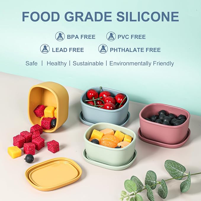 4 pcs 10 oz Silicone Snack Containers for Kids Small Food Containers with Lids, Fruit Container for Lunch, Stackable Lunch Container for Kids, Daycare, School and Travel