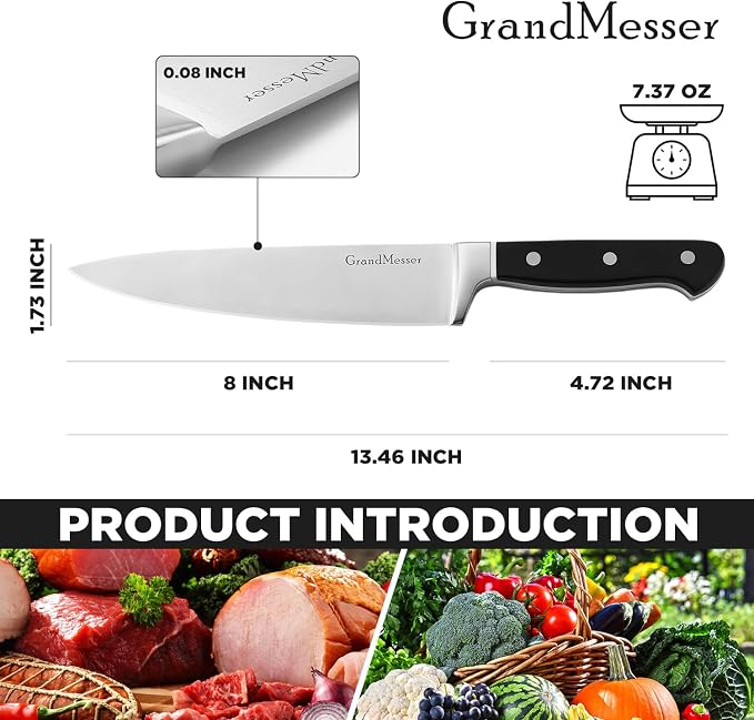 Chef Knife in Japanese Steel AUS-8, 8 Inch Professional Kitchen Knife, Ultra Sharp Cooking Knife with Color Block Ergonomic Handle.