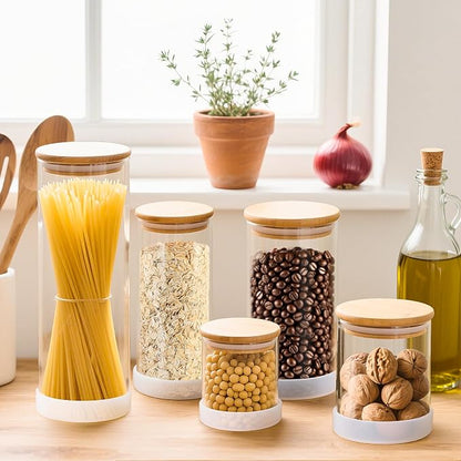 TBWIND Glass Storage Containers with Bamboo Lids – 7 Pack Airtight Clear Glass Jars in Mixed Sizes (17oz/25oz/34oz/53oz/73oz) for Pantry Organization, Kitchen Dry Food, Coffee, Flour, Pasta & Snacks