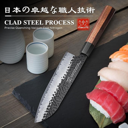 FAMCÜTE Santoku Knife 7 inch, Hand Forged 5 Layers 9CR18MOV High Carbon Steel Professional Kitchen Knife, Ultra Sharp Rosewood Handle Japanese Chopping Knife As a Thoughtful Birthday Gift for Dad/Mom