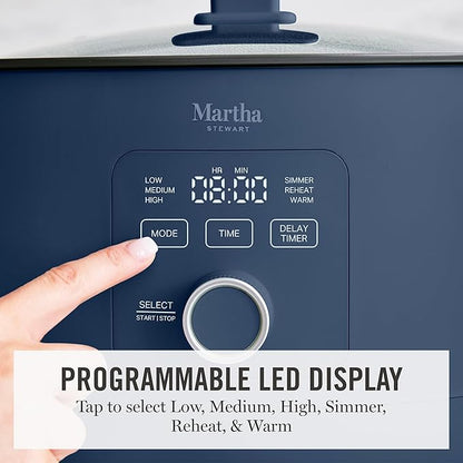 Martha Stewart 8 QT Slow Cooker, Programmable with Timer, 3 Heat Settings (Low, High, Warm), Nonstick Ceramic Removable Crock, Stovetop & Oven Safe, Glass Lid, Simmer, Reheat, Warm, Indigo