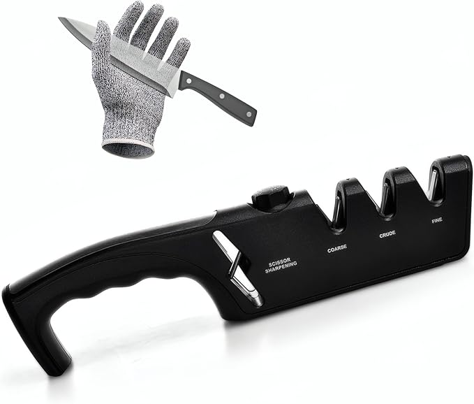 5-Angle Adjustable 10-35 Degree Professional 4-Stage Knife Sharpener, with Cut-Resistant Glove, with Scissors Grinding Slot - Multi-Purpose Precision Tool for Kitchen, Home, Outdoors (Black)