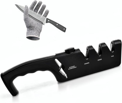 5-Angle Adjustable 10-35 Degree Professional 4-Stage Knife Sharpener, with Cut-Resistant Glove, with Scissors Grinding Slot - Multi-Purpose Precision Tool for Kitchen, Home, Outdoors (Black)