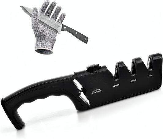 5-Angle Adjustable 10-35 Degree Professional 4-Stage Knife Sharpener, with Cut-Resistant Glove, with Scissors Grinding Slot - Multi-Purpose Precision Tool for Kitchen, Home, Outdoors (Black)