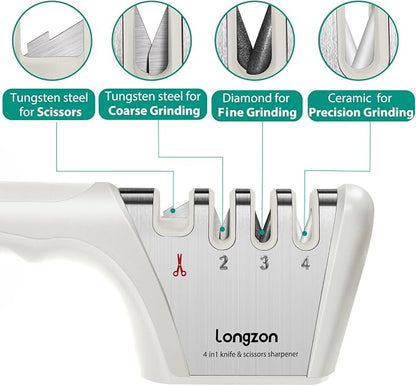 Longzon 5-in-1 Knife Sharpener 4 Stage with Cut-Resistant Glove, Quickly Sharpens & Restores Dull Blades, Easy & Safe for Home Kitchen Use, Fits Most Knives and Scissors, Off-white