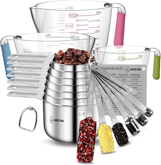 AIKEXIN 20 PCS Measuring Cups & Spoons Set, for Cooking & Baking Gadgets | 18/10 Stainless Steel Metal, Nesting Stackable Design, Dry & Liquid, Plastic Liquids, Leveler Conversion Chart