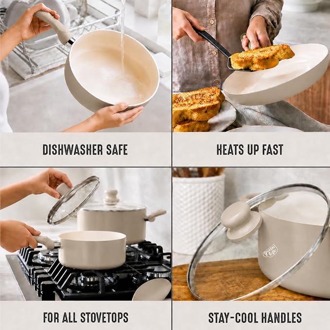 GreenLife 16-Piece Nonstick Cookware Set, Non-Toxic Ceramic Pots and Pans Set, Durable Healthy Kitchen Essentials, Fast Heating, Induction Ready, Easy Clean Dishwasher Safe, PFAS-Free, Beige Taupe
