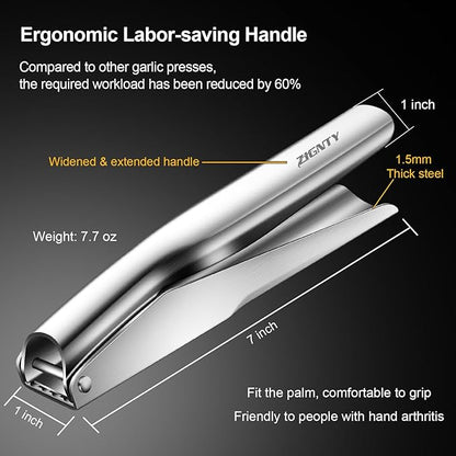 Garlic Press Stainless Steel，Premium Garlic Mincer Tool，No Need to Peel Garlic Ginger Crusher & Masher Easy Squeeze Large Trough Ergonomic Handle，Rust Proof，Dishwasher Safe (5 Years Warranty)