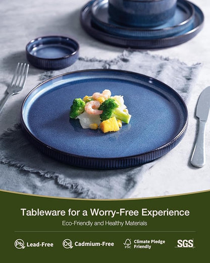 Famiware Star 24-Piece Plates and Bowls Set with Trim, Service for 8 - Stoneware Reactive Glaze Dinnerware, High Edge Ribbed Dishes, Chip & Scratch Resistant, Microwave & Dishwasher Safe, Nebulas Blue