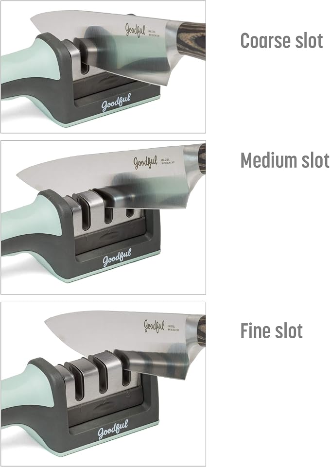 Goodful 3-Stage Knife Sharpener, Helps Repair, Restore and Polish Non-Serrated Blades Quickly, Safely & Easily, Sage