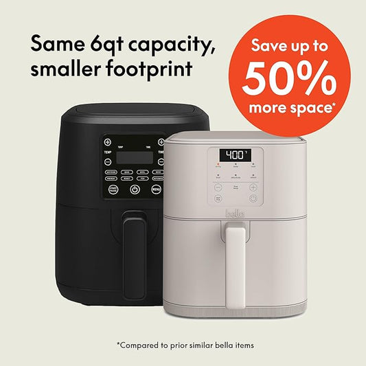 bella 6 Qt Slim Air Fryer, Fits-anywhere™ Kitchenware, EverGood™ Ceramic Nonstick Coating, Adjustable Temperature, 6 Preset Cooking Options, 60 Min Auto Shutoff w Audible Tone, 5lb Capacity, Oatmilk