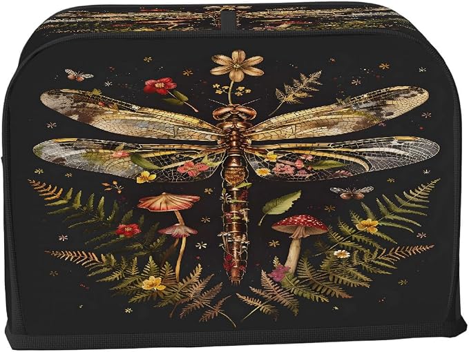 Animal Dragonfly Toaster Cover 4 Slice Wide Slot Washable Toaster Covers | Flower Art Dust and Fingerprint Protection Bread Maker Covers for Kitchen Accessories Decor Bakeware Women Gift