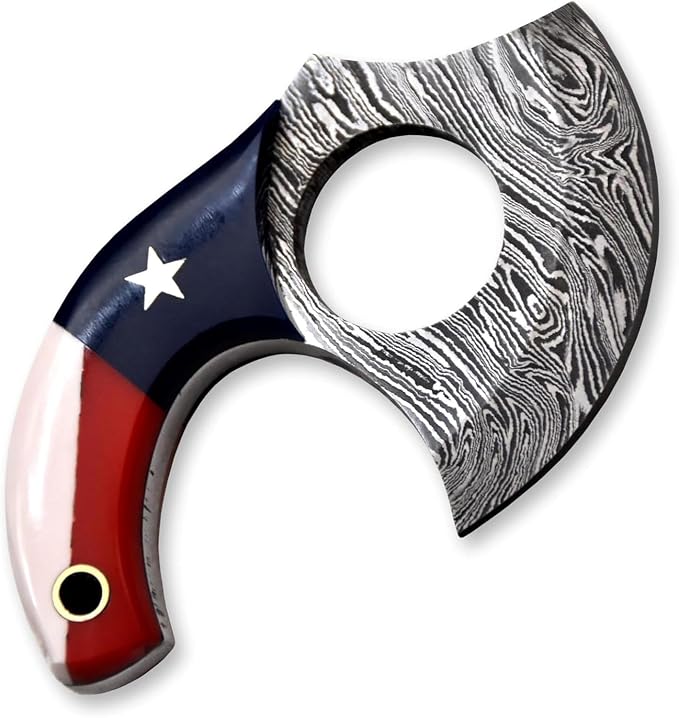 Custom Damascus Steel Ulu Knife Traditional Alaskan Ulu Multi-Purpose Pizza Cutter,Vegetable Chopping, Boning Slicing Cutting Texas Flag Resin Handle Leather Sheath (SUB-02)