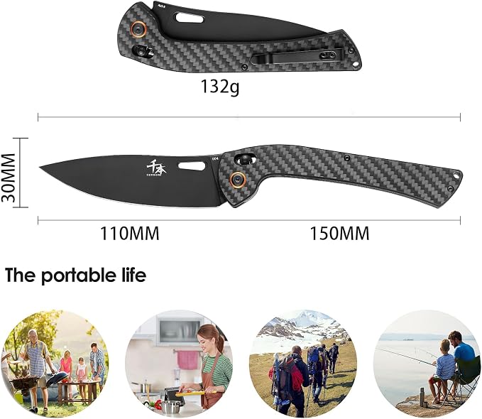 SENBON foldable chef's knife, AUS-8 stainless steel with black titanium plating, carbon fiber handle with back clip, portable outdoor folding fruit petty knife