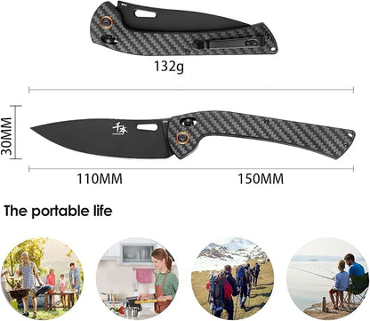 SENBON foldable chef's knife, AUS-8 stainless steel with black titanium plating, carbon fiber handle with back clip, portable outdoor folding fruit petty knife