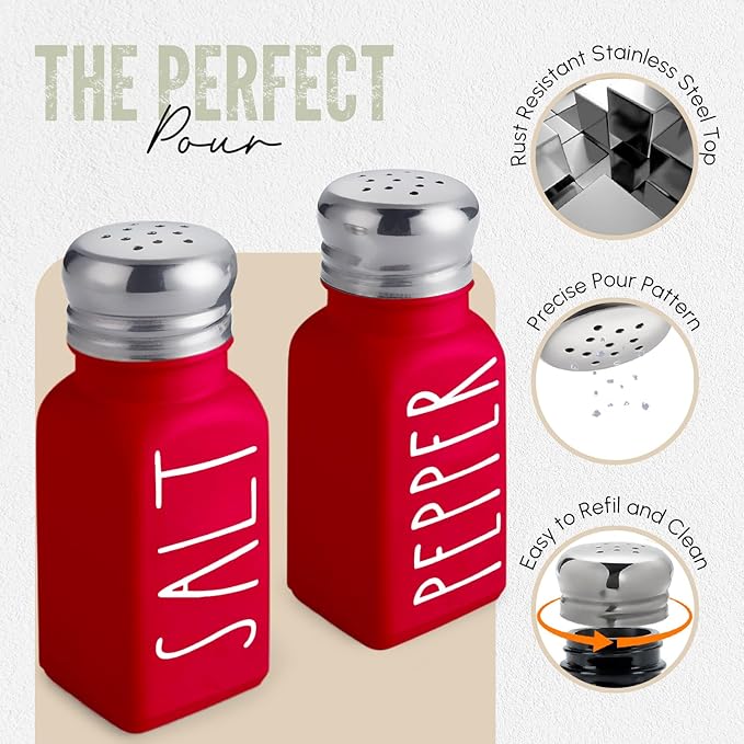 Red Salt and Pepper Shakers Set by Brighter Barns - Modern Farmhouse Kitchen Decor and Accessories for Home Restaurants Weddings - Cute Modern Glass Christmas Shaker Sets & Stainless Steel Lid (Red)