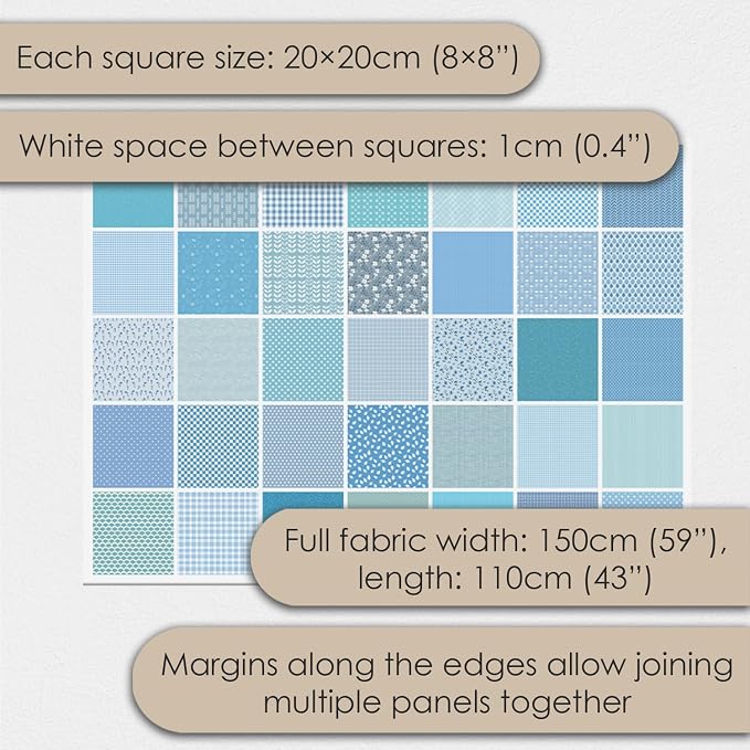 Cotton Satin Patchwork Fabric Panel – 35 Designs, 20×20 cm Squares, Single Piece 150×110 cm, Blue Patchwork Quilt Fabric(Ocean Breeze Patchwork Set, 35pcs 8x8 inch)