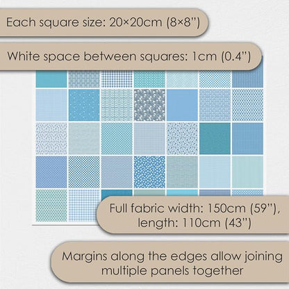 Cotton Satin Patchwork Fabric Panel – 35 Designs, 20×20 cm Squares, Single Piece 150×110 cm, Blue Patchwork Quilt Fabric(Ocean Breeze Patchwork Set, 35pcs 8x8 inch)