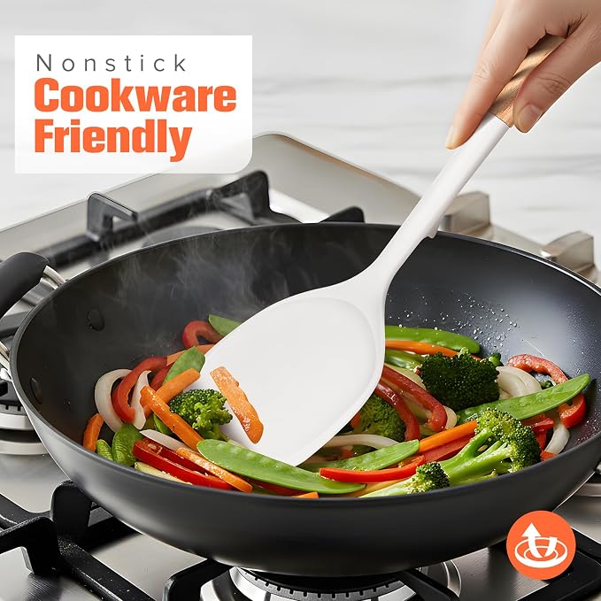 Silicone Cooking Utensils Set of 10 with Wooden Handle,No Scratch for Nonstick Cookware,Slotted Spoon&Spatula,Solid Spoon&Spatula,Large Measuring Ladle,Brush,Rice Paddle,Baking Turner&Flipper (White)