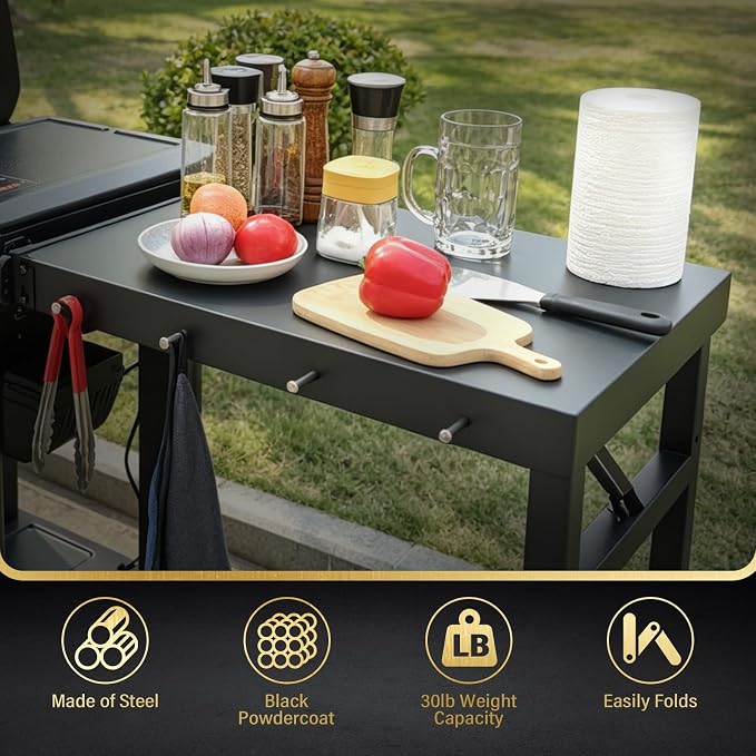Uniflasy Folding Grill Side Shelf for Traeger Woodridge Pro/Elite/Plus Foldable Shelf for Traeger Inwood/Inwood XL Pellet Grill Accessories Large BBQ PrepTable with Hooks Outdoor Cooking Workspace