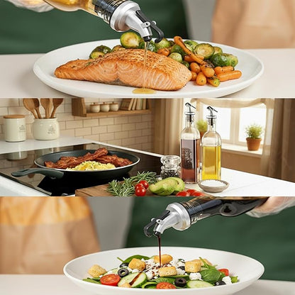 WERTIOO Olive Oil Dispenser Bottle, 17 OZ Glass Oil Dispenser for Kitchen with 1 Pourer,1 Stainless Steel Funnel & 1 Pen and 8 Label for Kitchen (500ml)