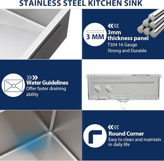 Lordear 33x22 Inch Drop In Kitchen Sink Waterfall Functional T304 16 Gauge 33 Inch Workstation Stainless Steel Single Bowl Kitchen Sinks, 33X22X10 Inch